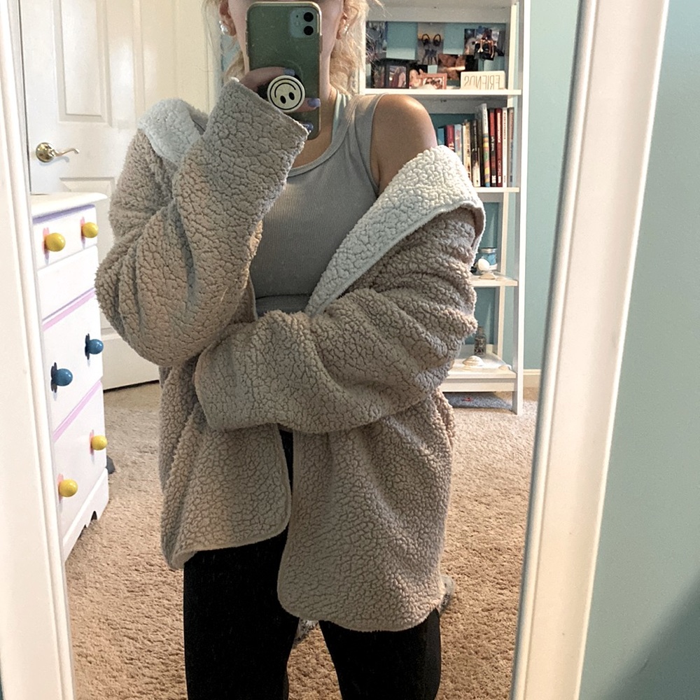 Lightly worn reversible tan and white teddy jacket